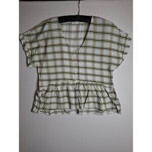 BLUE PEPPER Women's Plaid Peplum Top Blouse Size L Green White V- Neck